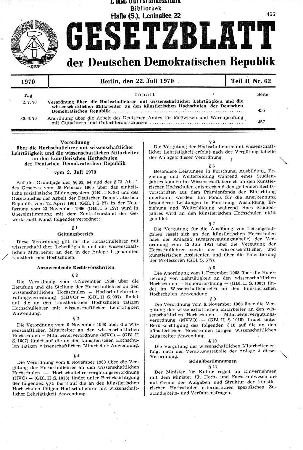Gesetzblatt (GBl.) der Deutschen Demokratischen Republik (DDR) Teil ⅠⅠ 1970, Seite 455 (GBl. DDR ⅠⅠ 1970, S. 455)