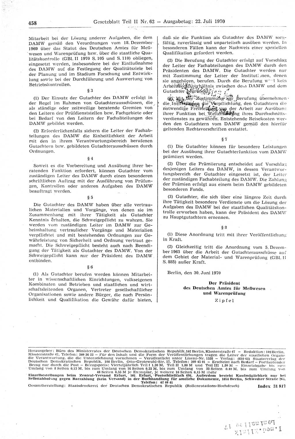 Gesetzblatt (GBl.) der Deutschen Demokratischen Republik (DDR) Teil ⅠⅠ 1970, Seite 458 (GBl. DDR ⅠⅠ 1970, S. 458)