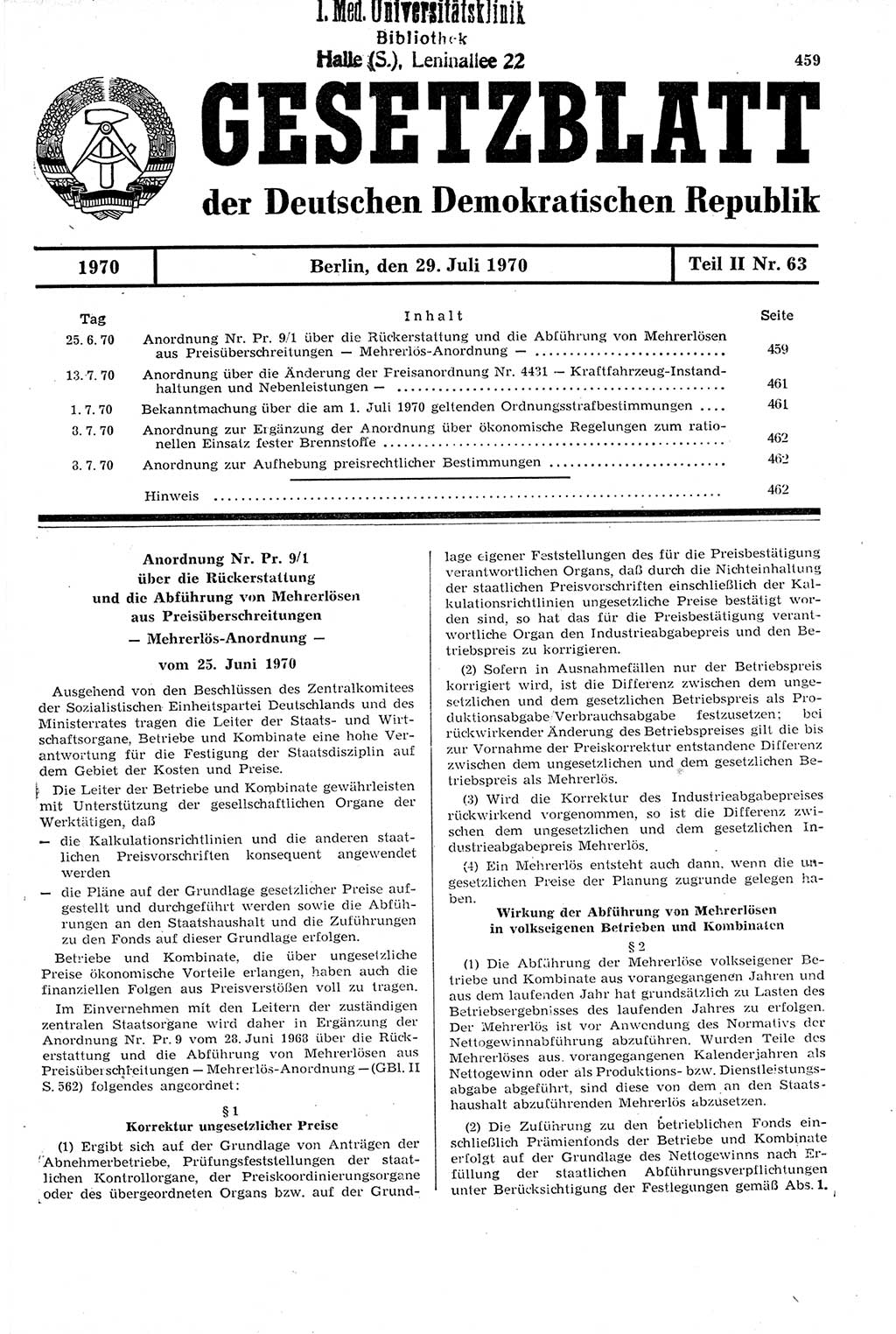 Gesetzblatt (GBl.) der Deutschen Demokratischen Republik (DDR) Teil ⅠⅠ 1970, Seite 459 (GBl. DDR ⅠⅠ 1970, S. 459)