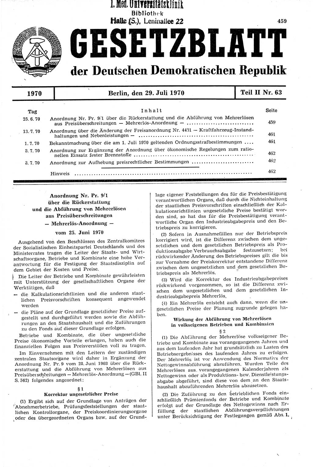 Gesetzblatt (GBl.) der Deutschen Demokratischen Republik (DDR) Teil ⅠⅠ 1970, Seite 459 (GBl. DDR ⅠⅠ 1970, S. 459)