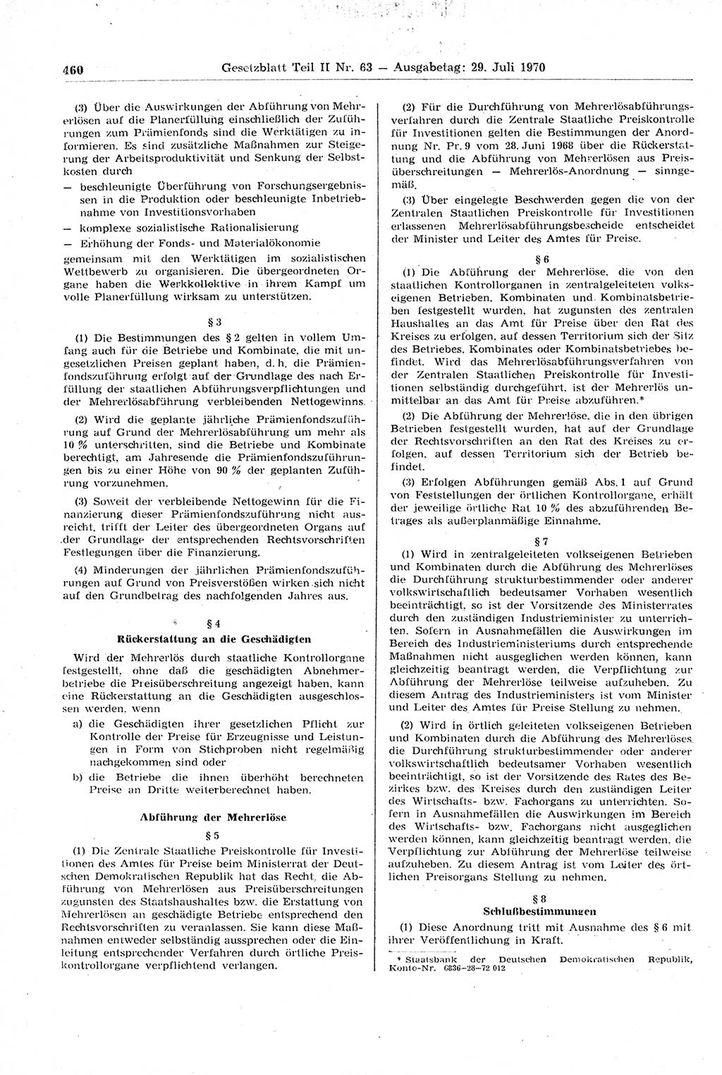 Gesetzblatt (GBl.) der Deutschen Demokratischen Republik (DDR) Teil ⅠⅠ 1970, Seite 460 (GBl. DDR ⅠⅠ 1970, S. 460)