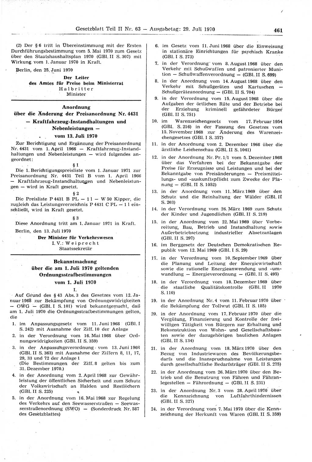 Gesetzblatt (GBl.) der Deutschen Demokratischen Republik (DDR) Teil ⅠⅠ 1970, Seite 461 (GBl. DDR ⅠⅠ 1970, S. 461)