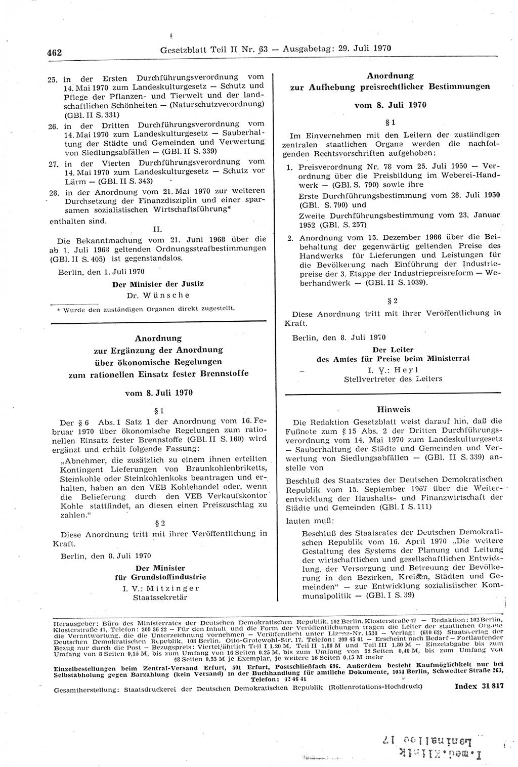 Gesetzblatt (GBl.) der Deutschen Demokratischen Republik (DDR) Teil ⅠⅠ 1970, Seite 462 (GBl. DDR ⅠⅠ 1970, S. 462)