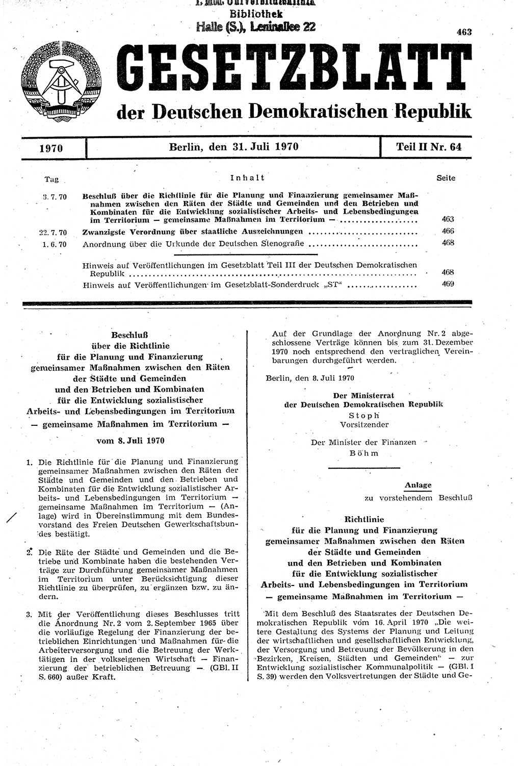 Gesetzblatt (GBl.) der Deutschen Demokratischen Republik (DDR) Teil ⅠⅠ 1970, Seite 463 (GBl. DDR ⅠⅠ 1970, S. 463)