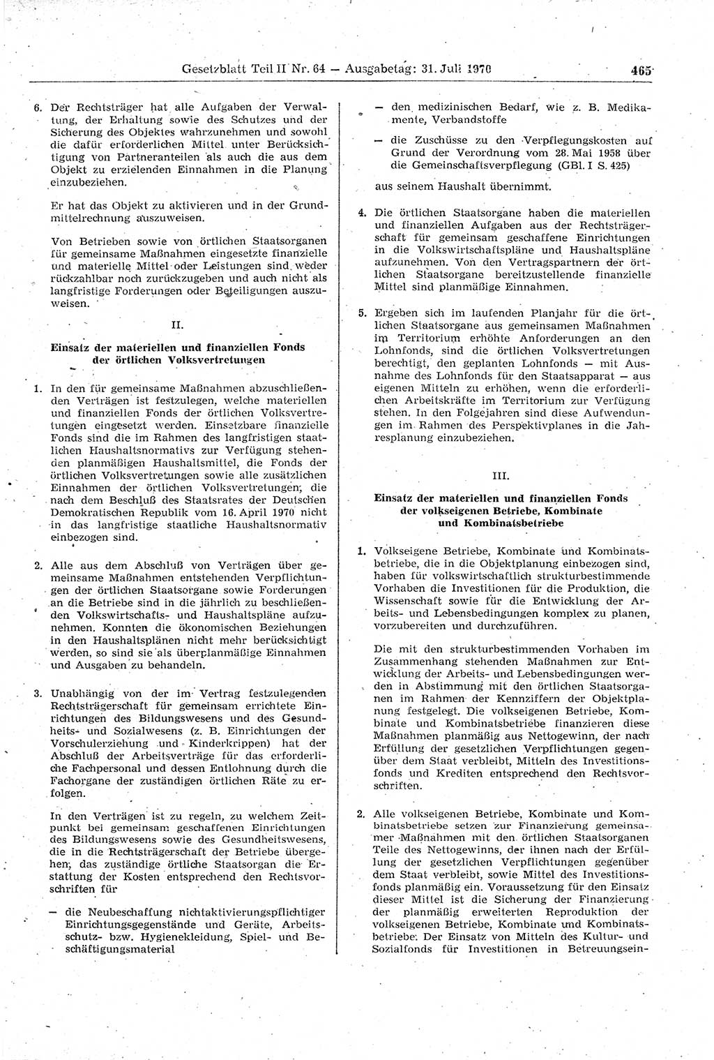 Gesetzblatt (GBl.) der Deutschen Demokratischen Republik (DDR) Teil ⅠⅠ 1970, Seite 465 (GBl. DDR ⅠⅠ 1970, S. 465)