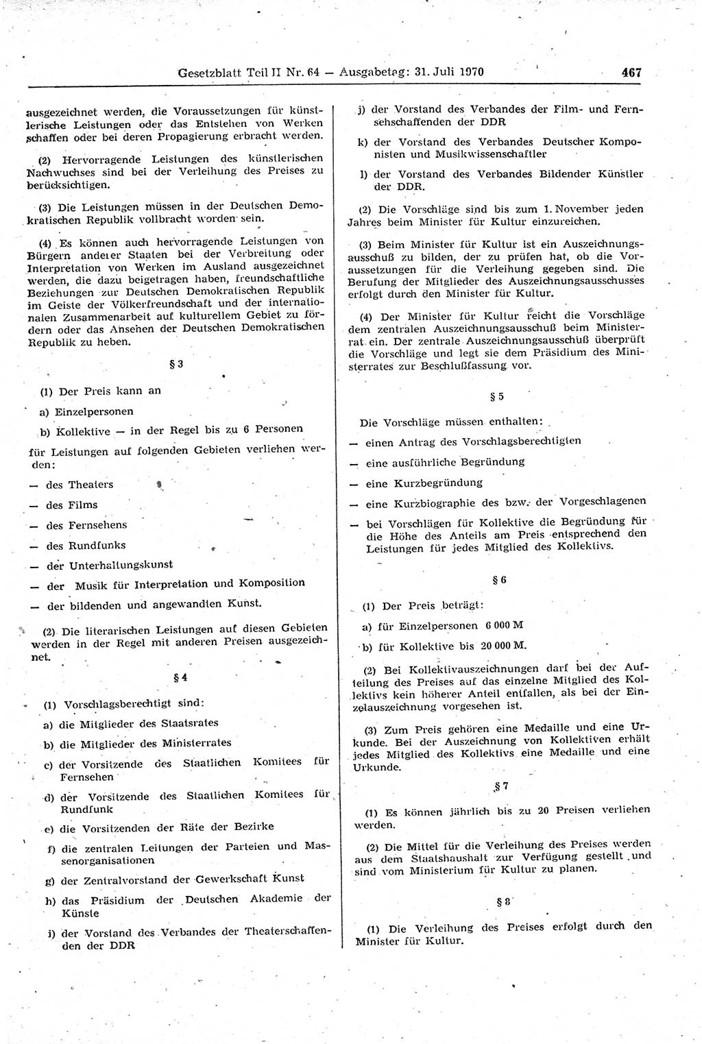 Gesetzblatt (GBl.) der Deutschen Demokratischen Republik (DDR) Teil ⅠⅠ 1970, Seite 467 (GBl. DDR ⅠⅠ 1970, S. 467)