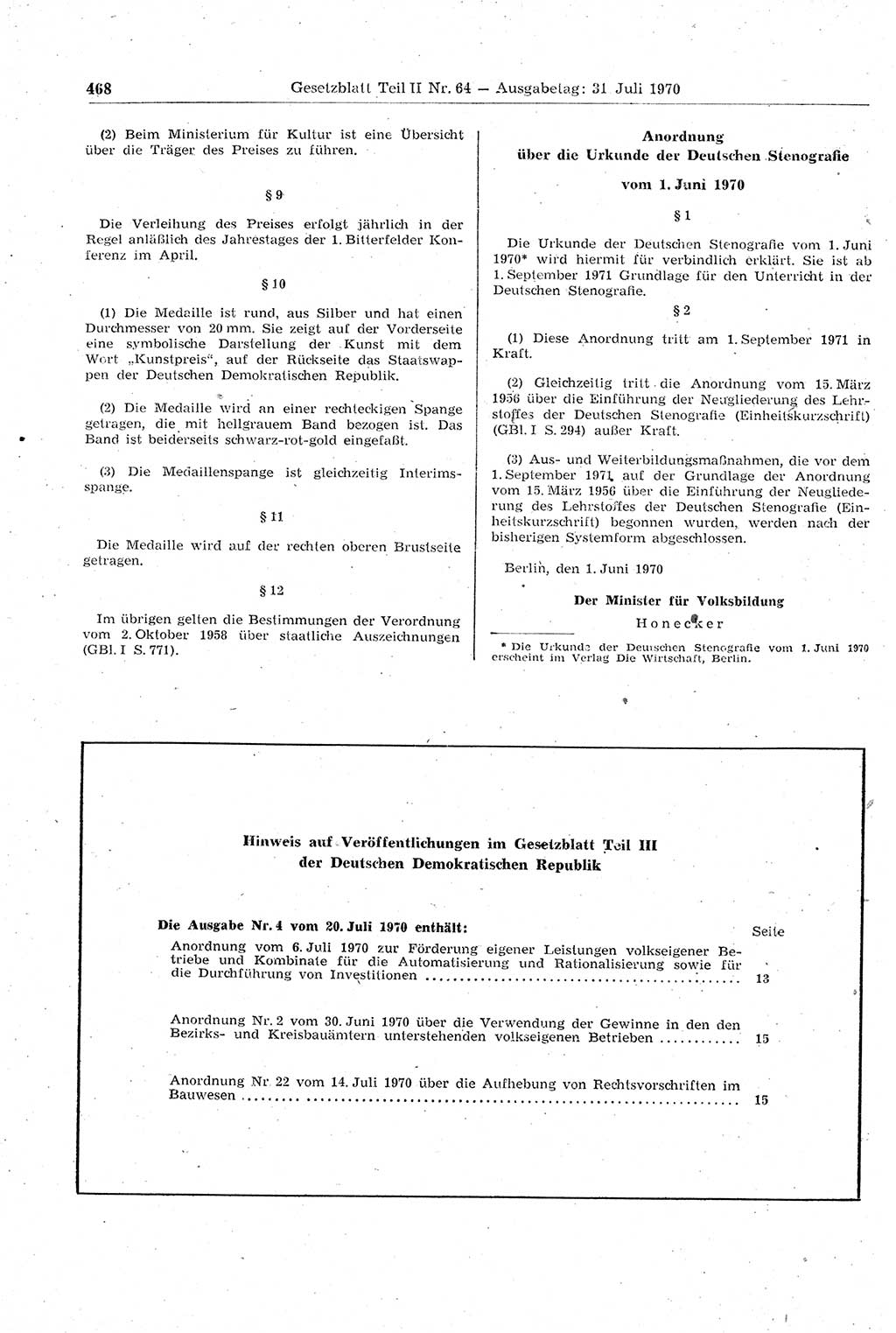 Gesetzblatt (GBl.) der Deutschen Demokratischen Republik (DDR) Teil ⅠⅠ 1970, Seite 468 (GBl. DDR ⅠⅠ 1970, S. 468)