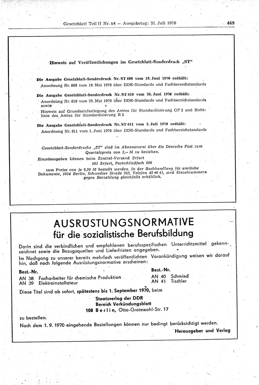 Gesetzblatt (GBl.) der Deutschen Demokratischen Republik (DDR) Teil ⅠⅠ 1970, Seite 469 (GBl. DDR ⅠⅠ 1970, S. 469)