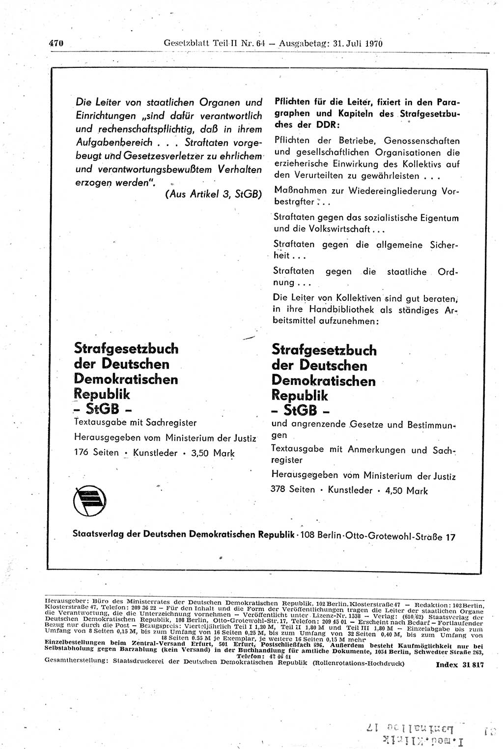 Gesetzblatt (GBl.) der Deutschen Demokratischen Republik (DDR) Teil ⅠⅠ 1970, Seite 470 (GBl. DDR ⅠⅠ 1970, S. 470)