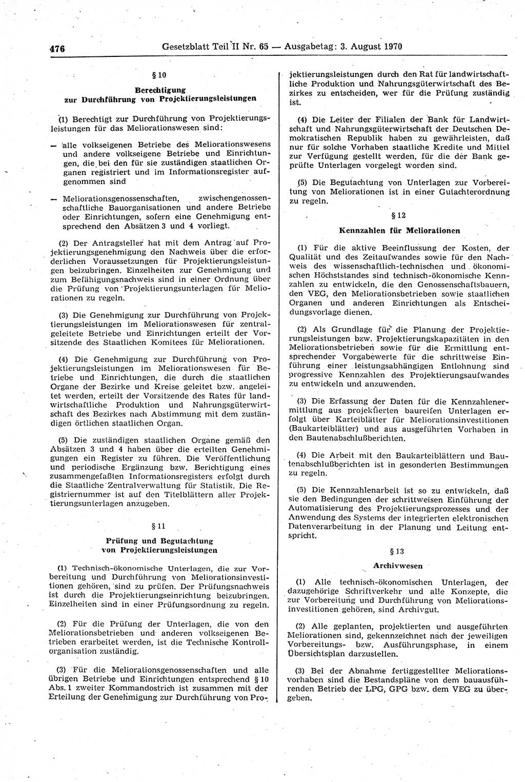 Gesetzblatt (GBl.) der Deutschen Demokratischen Republik (DDR) Teil ⅠⅠ 1970, Seite 476 (GBl. DDR ⅠⅠ 1970, S. 476)