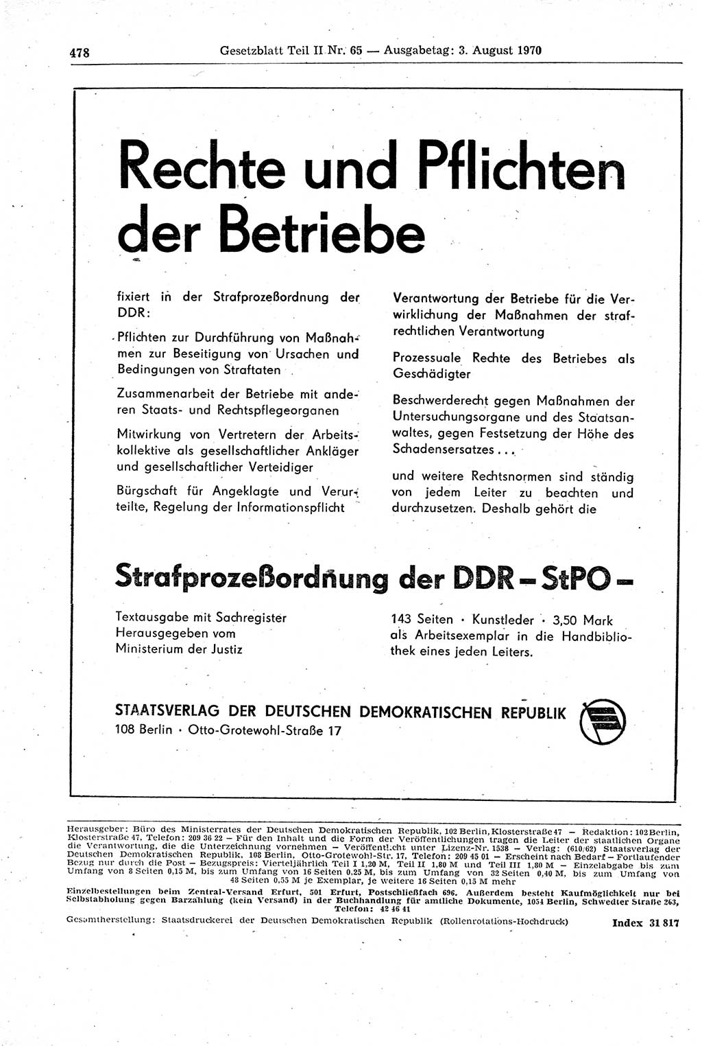 Gesetzblatt (GBl.) der Deutschen Demokratischen Republik (DDR) Teil ⅠⅠ 1970, Seite 478 (GBl. DDR ⅠⅠ 1970, S. 478)