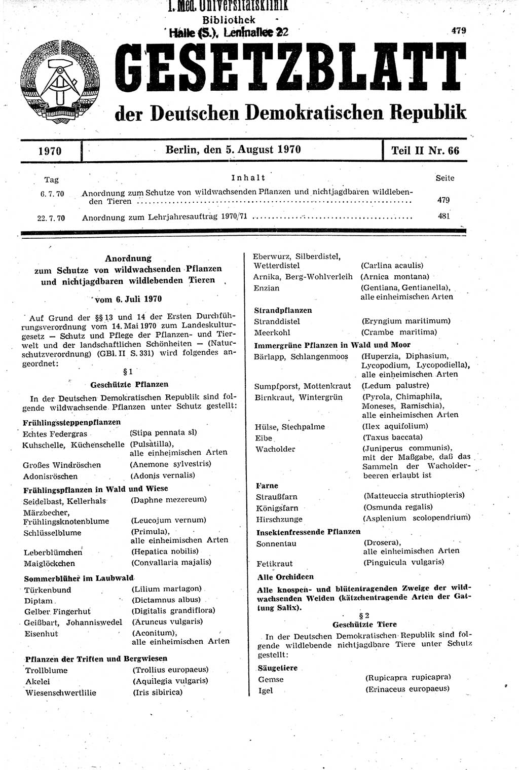 Gesetzblatt (GBl.) der Deutschen Demokratischen Republik (DDR) Teil ⅠⅠ 1970, Seite 479 (GBl. DDR ⅠⅠ 1970, S. 479)