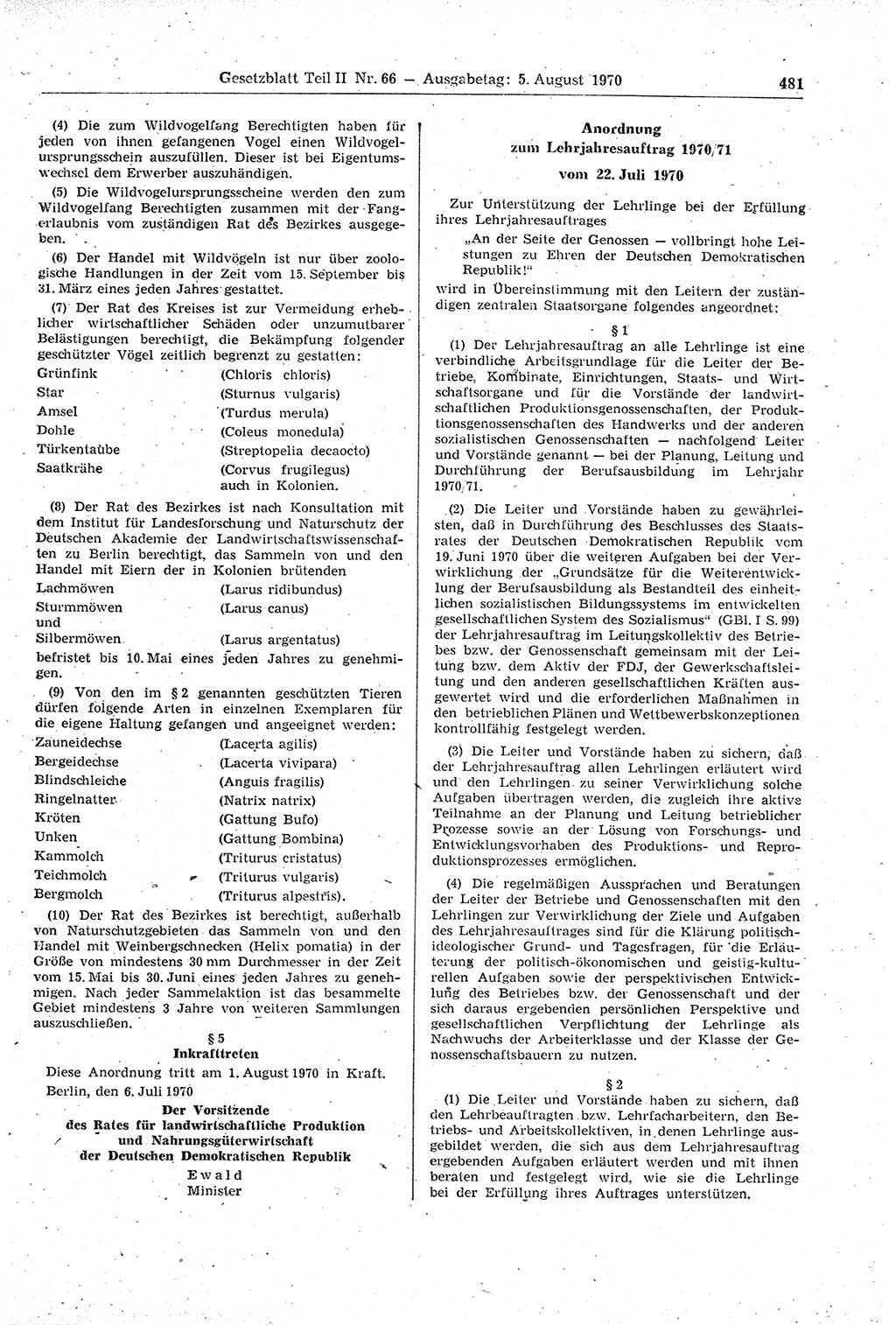 Gesetzblatt (GBl.) der Deutschen Demokratischen Republik (DDR) Teil ⅠⅠ 1970, Seite 481 (GBl. DDR ⅠⅠ 1970, S. 481)