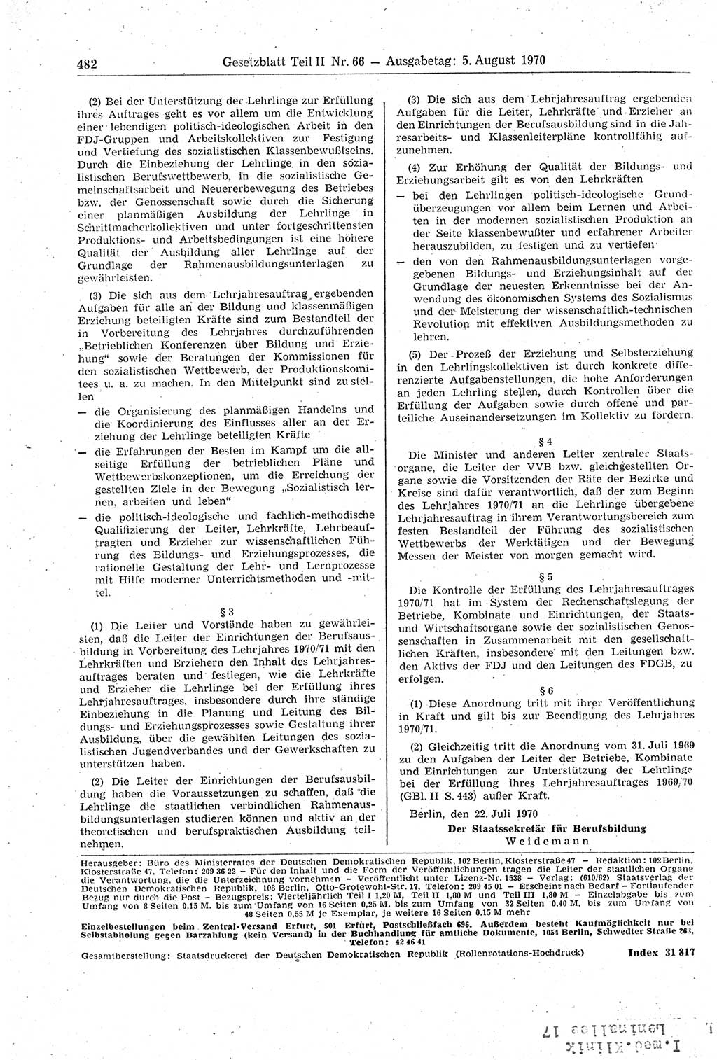 Gesetzblatt (GBl.) der Deutschen Demokratischen Republik (DDR) Teil ⅠⅠ 1970, Seite 482 (GBl. DDR ⅠⅠ 1970, S. 482)