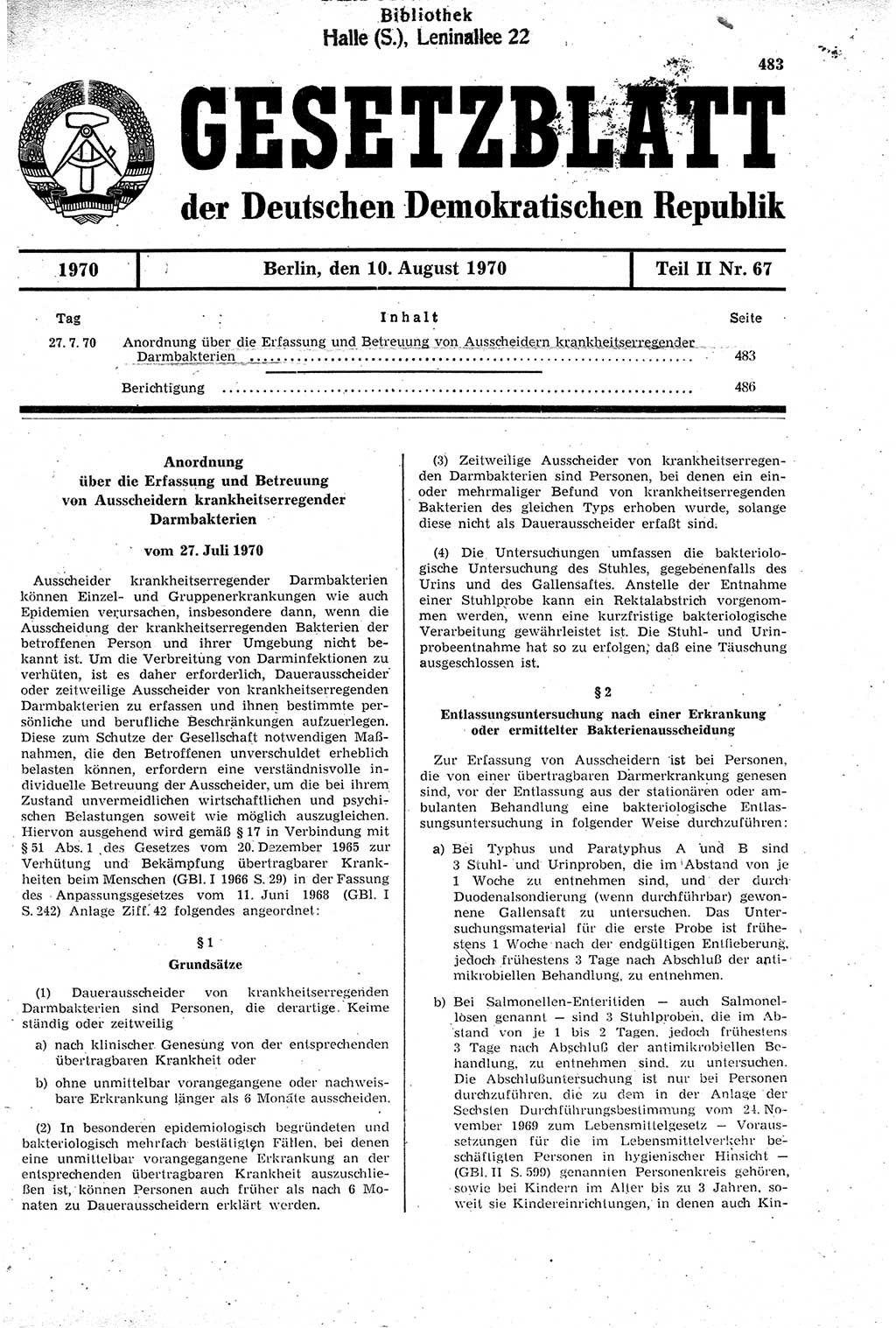 Gesetzblatt (GBl.) der Deutschen Demokratischen Republik (DDR) Teil ⅠⅠ 1970, Seite 483 (GBl. DDR ⅠⅠ 1970, S. 483)
