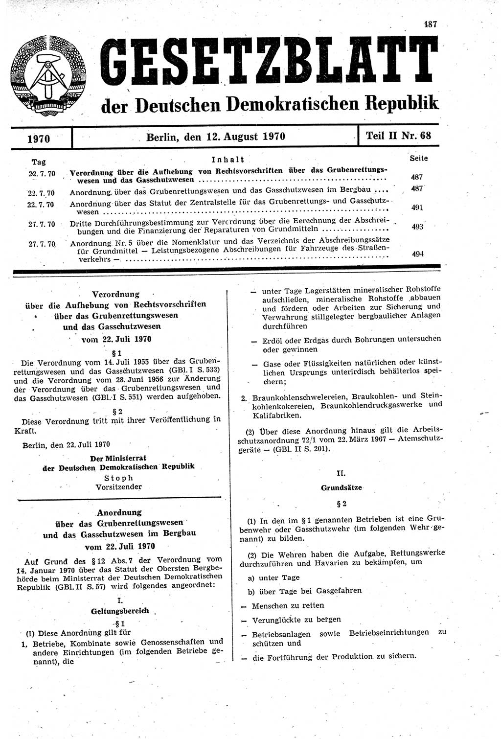Gesetzblatt (GBl.) der Deutschen Demokratischen Republik (DDR) Teil ⅠⅠ 1970, Seite 487 (GBl. DDR ⅠⅠ 1970, S. 487)