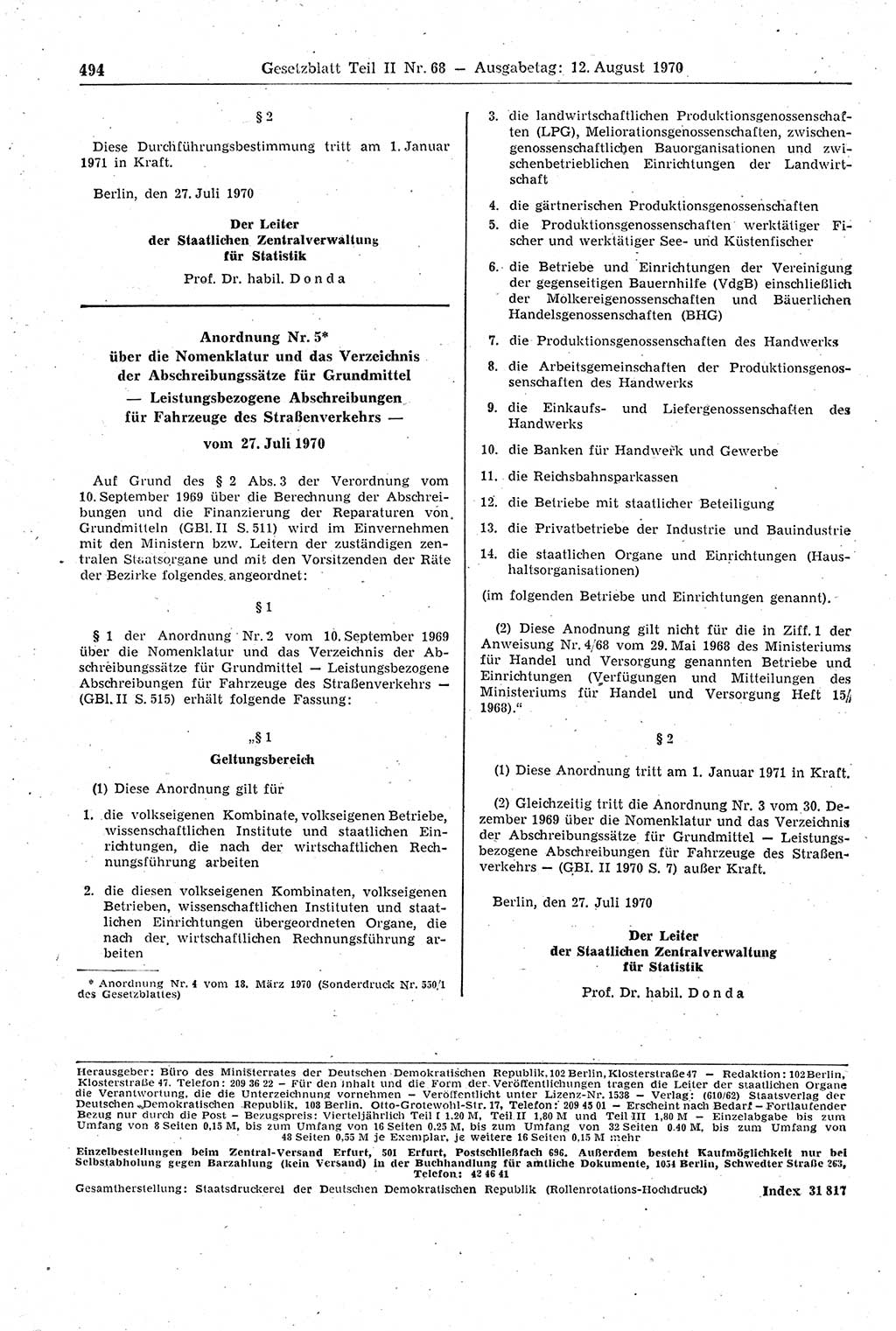 Gesetzblatt (GBl.) der Deutschen Demokratischen Republik (DDR) Teil ⅠⅠ 1970, Seite 494 (GBl. DDR ⅠⅠ 1970, S. 494)