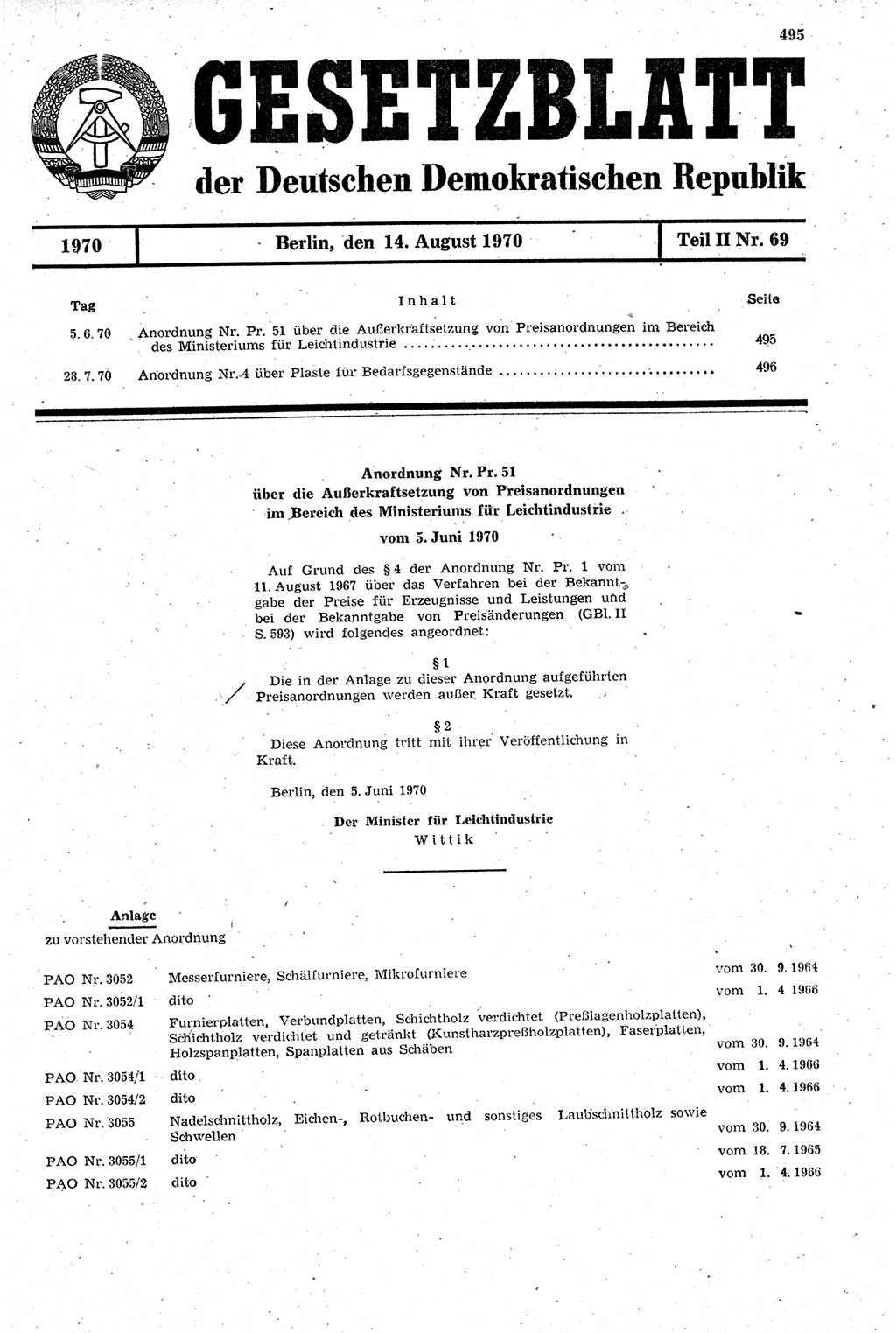 Gesetzblatt (GBl.) der Deutschen Demokratischen Republik (DDR) Teil ⅠⅠ 1970, Seite 495 (GBl. DDR ⅠⅠ 1970, S. 495)