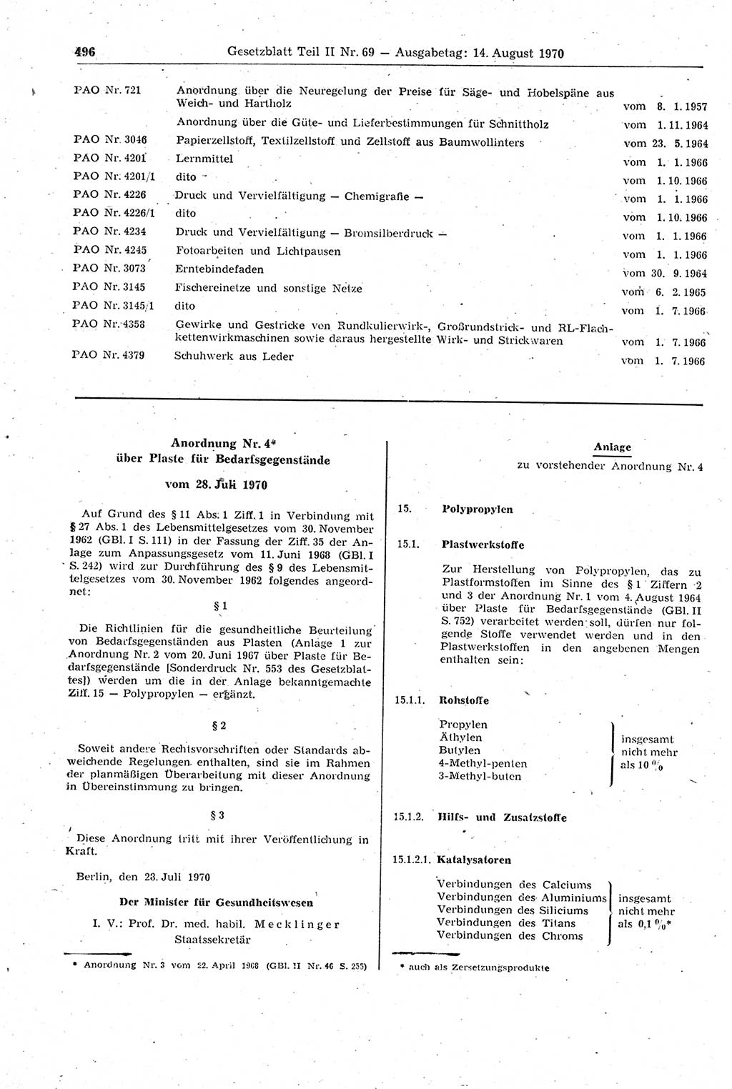 Gesetzblatt (GBl.) der Deutschen Demokratischen Republik (DDR) Teil ⅠⅠ 1970, Seite 496 (GBl. DDR ⅠⅠ 1970, S. 496)