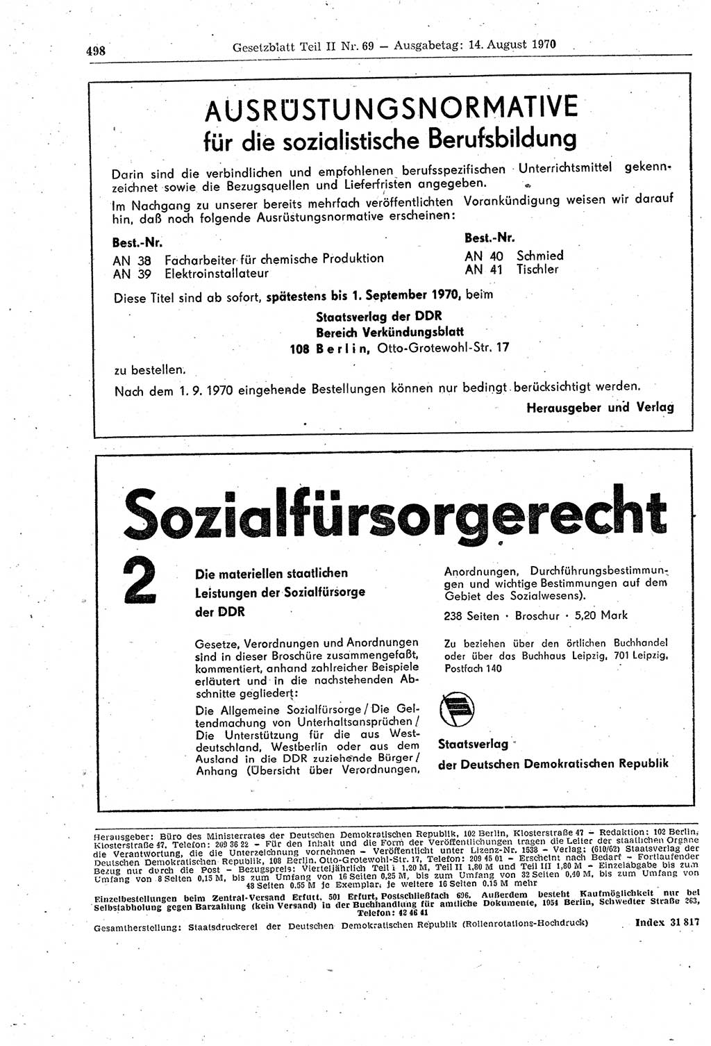 Gesetzblatt (GBl.) der Deutschen Demokratischen Republik (DDR) Teil ⅠⅠ 1970, Seite 498 (GBl. DDR ⅠⅠ 1970, S. 498)