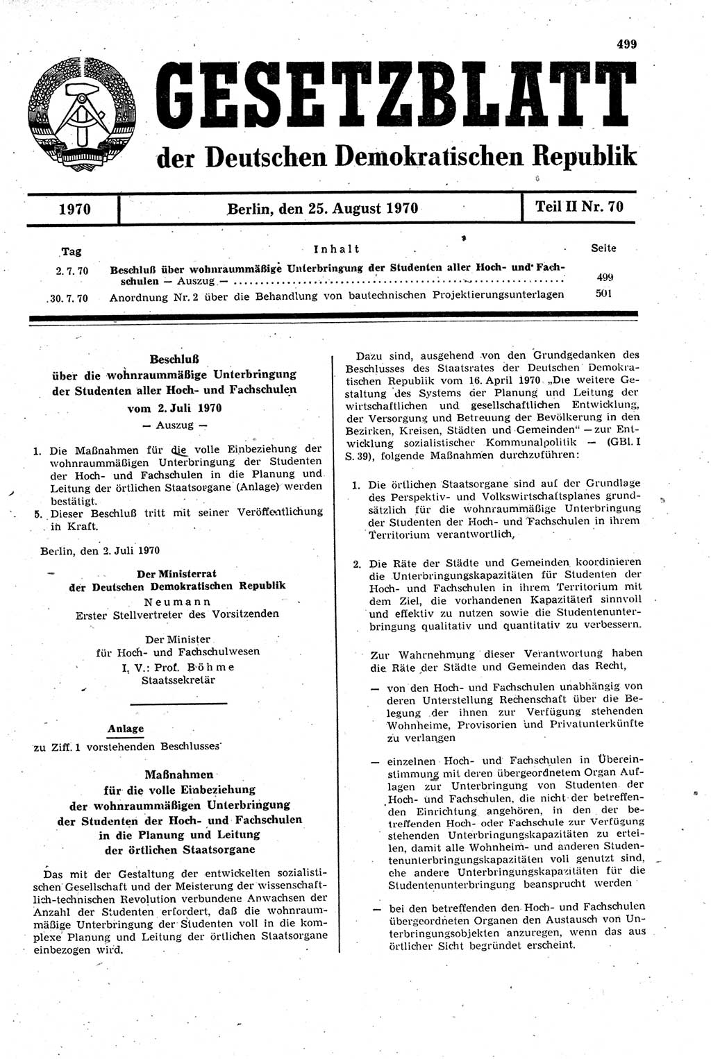 Gesetzblatt (GBl.) der Deutschen Demokratischen Republik (DDR) Teil ⅠⅠ 1970, Seite 499 (GBl. DDR ⅠⅠ 1970, S. 499)