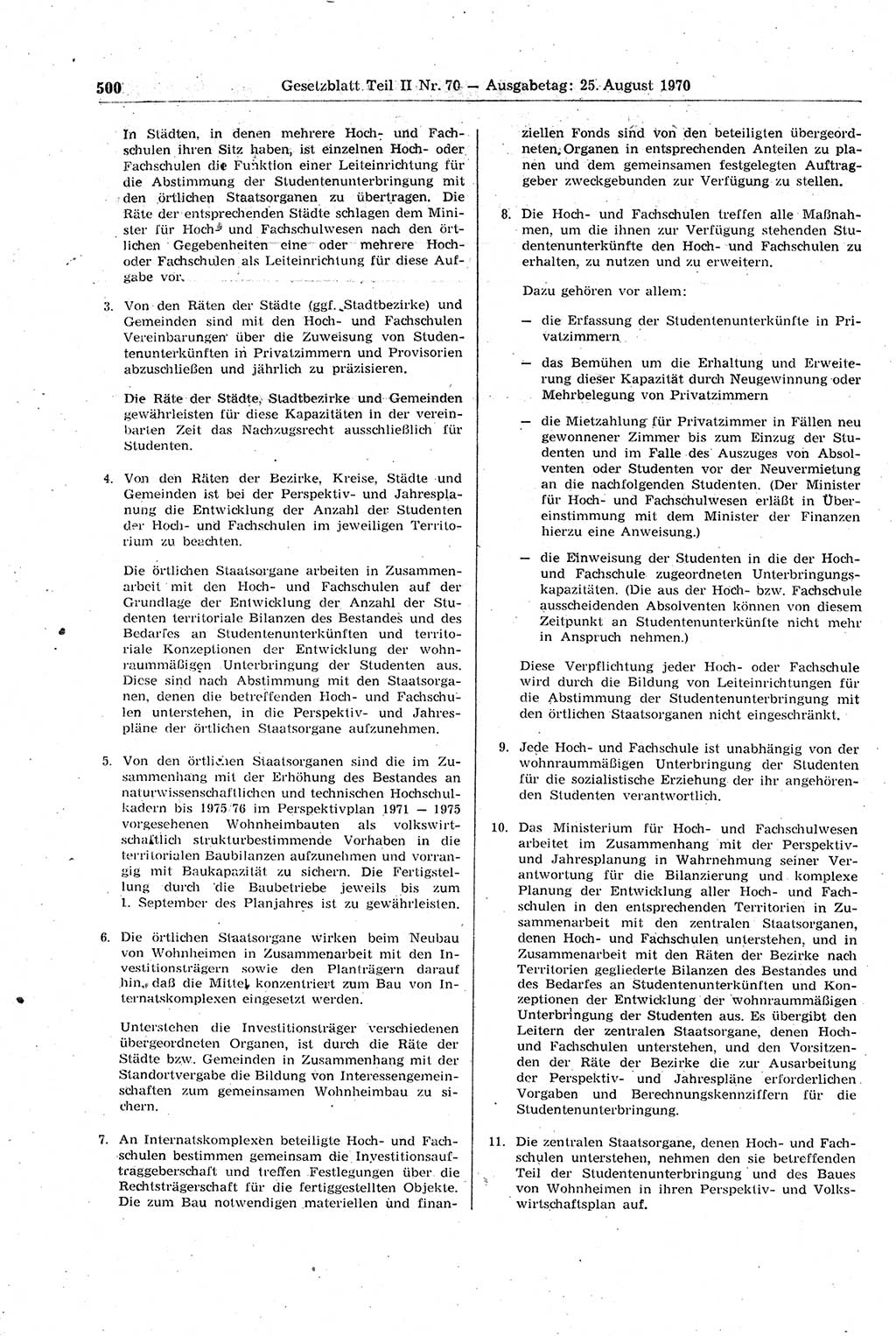 Gesetzblatt (GBl.) der Deutschen Demokratischen Republik (DDR) Teil ⅠⅠ 1970, Seite 500 (GBl. DDR ⅠⅠ 1970, S. 500)
