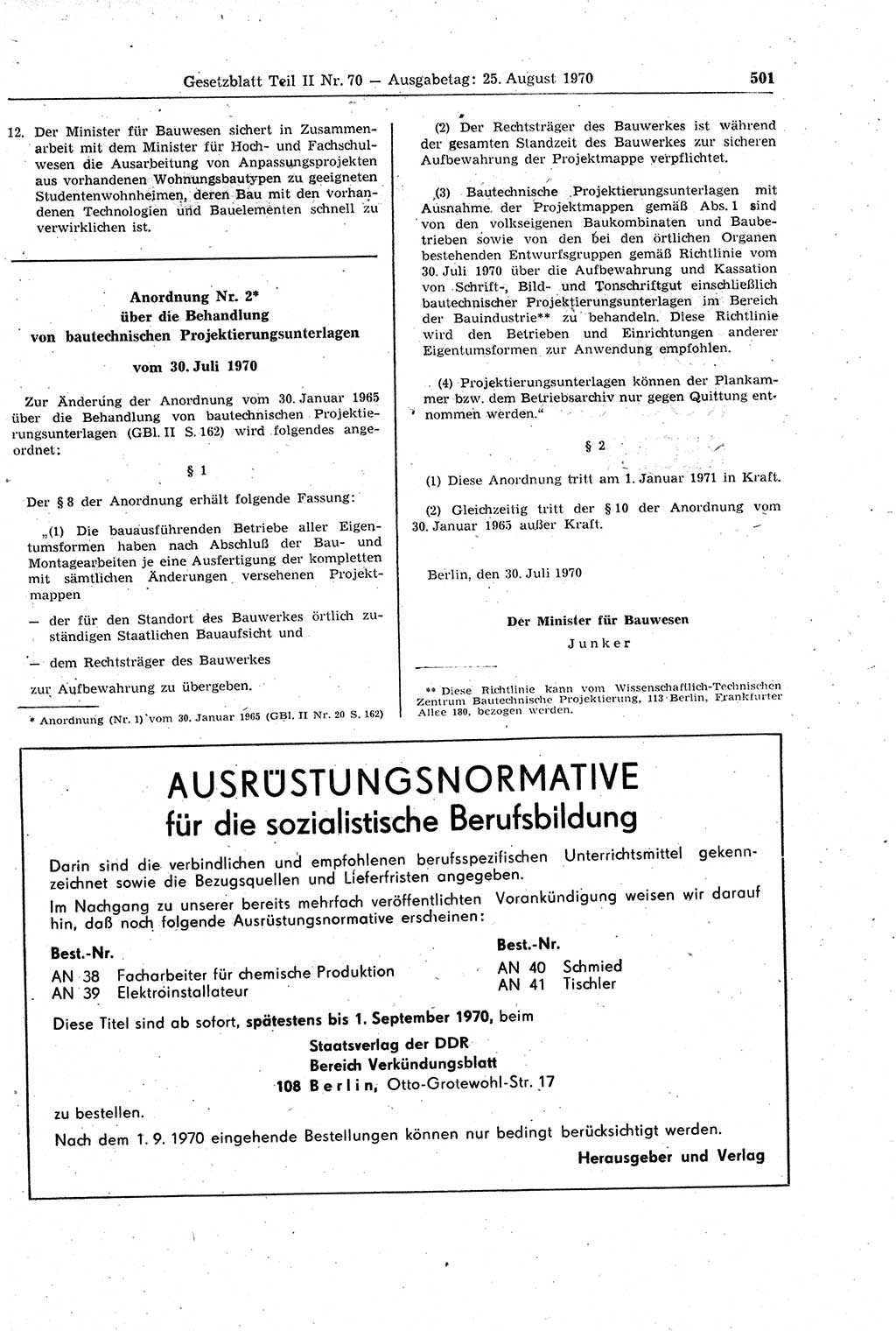 Gesetzblatt (GBl.) der Deutschen Demokratischen Republik (DDR) Teil ⅠⅠ 1970, Seite 501 (GBl. DDR ⅠⅠ 1970, S. 501)