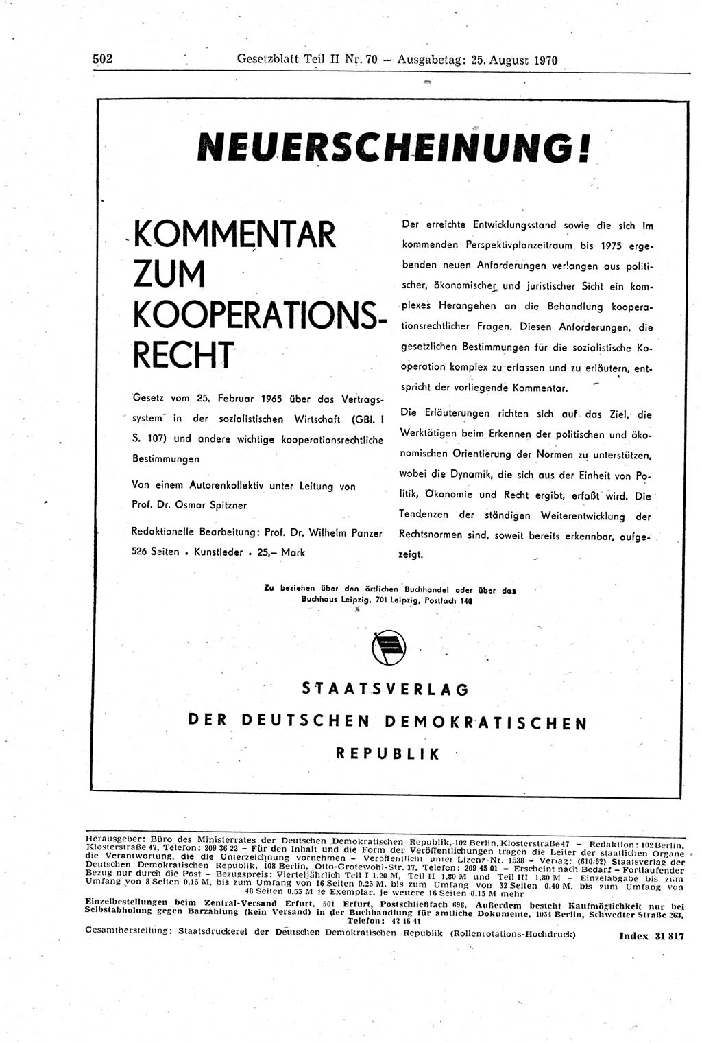 Gesetzblatt (GBl.) der Deutschen Demokratischen Republik (DDR) Teil ⅠⅠ 1970, Seite 502 (GBl. DDR ⅠⅠ 1970, S. 502)