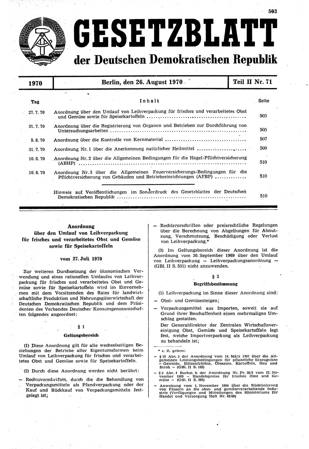 Gesetzblatt (GBl.) der Deutschen Demokratischen Republik (DDR) Teil ⅠⅠ 1970, Seite 503 (GBl. DDR ⅠⅠ 1970, S. 503)