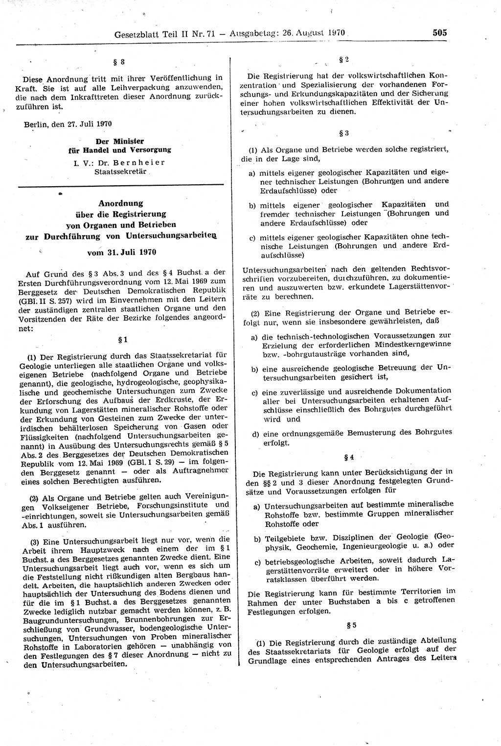 Gesetzblatt (GBl.) der Deutschen Demokratischen Republik (DDR) Teil ⅠⅠ 1970, Seite 505 (GBl. DDR ⅠⅠ 1970, S. 505)