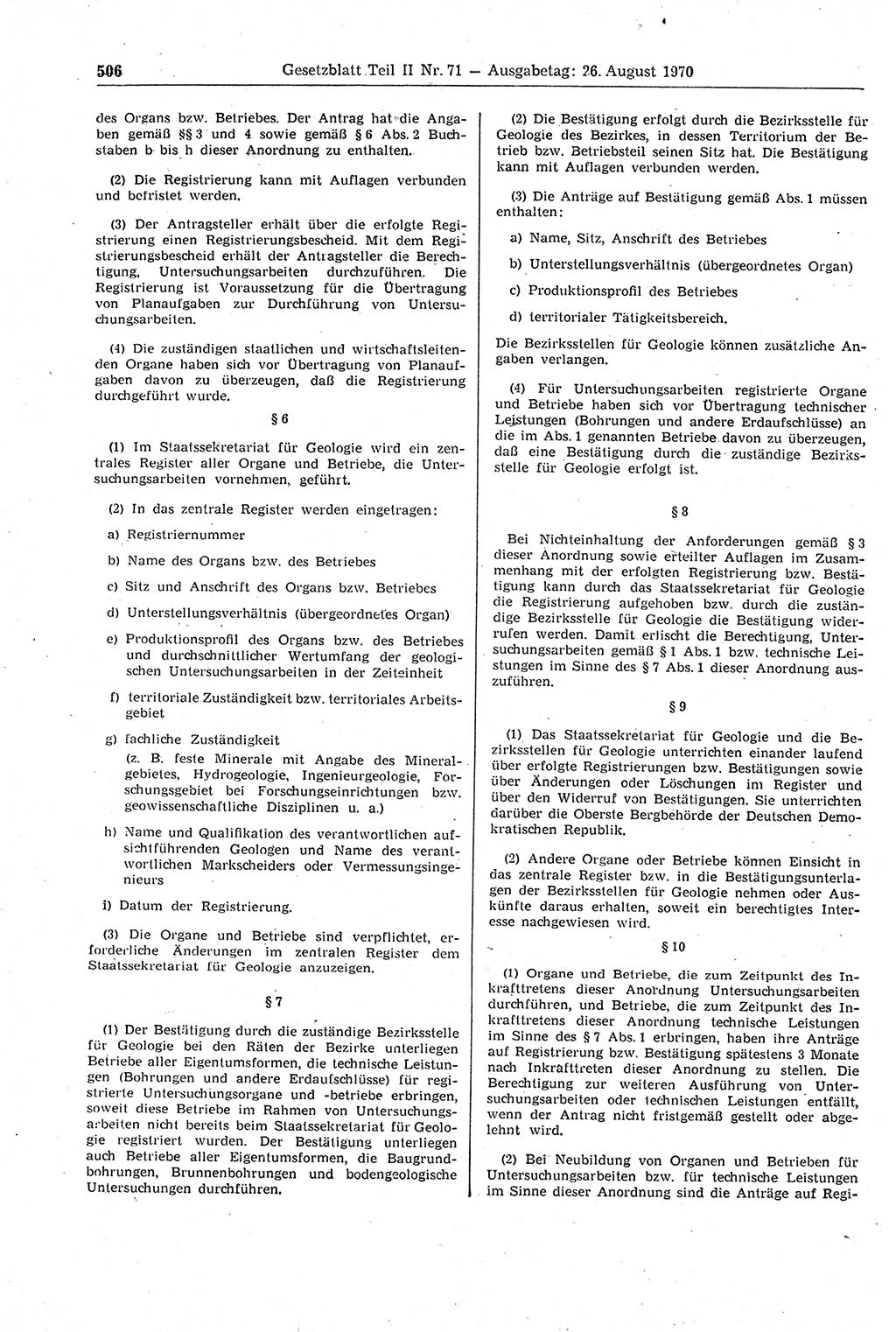 Gesetzblatt (GBl.) der Deutschen Demokratischen Republik (DDR) Teil ⅠⅠ 1970, Seite 506 (GBl. DDR ⅠⅠ 1970, S. 506)