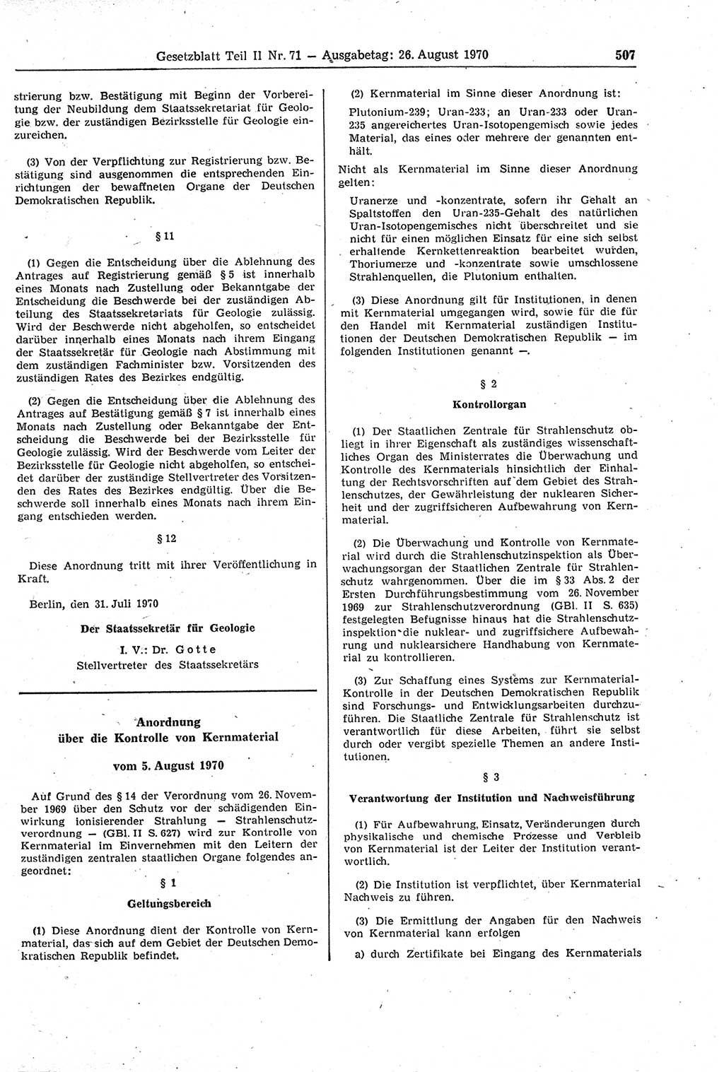 Gesetzblatt (GBl.) der Deutschen Demokratischen Republik (DDR) Teil ⅠⅠ 1970, Seite 507 (GBl. DDR ⅠⅠ 1970, S. 507)