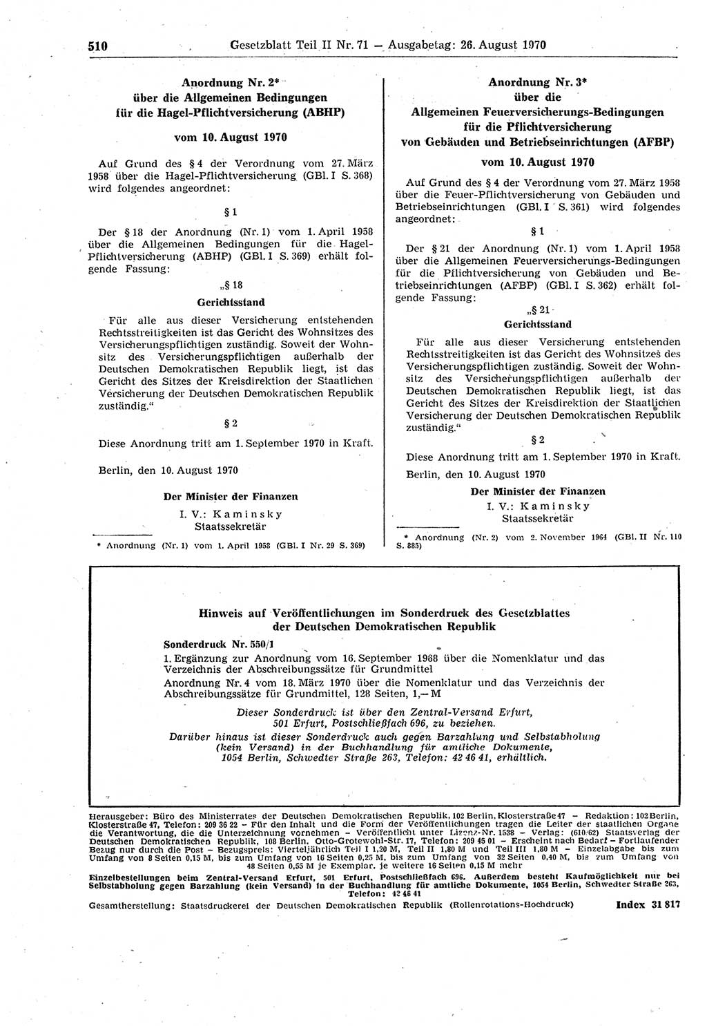 Gesetzblatt (GBl.) der Deutschen Demokratischen Republik (DDR) Teil ⅠⅠ 1970, Seite 510 (GBl. DDR ⅠⅠ 1970, S. 510)