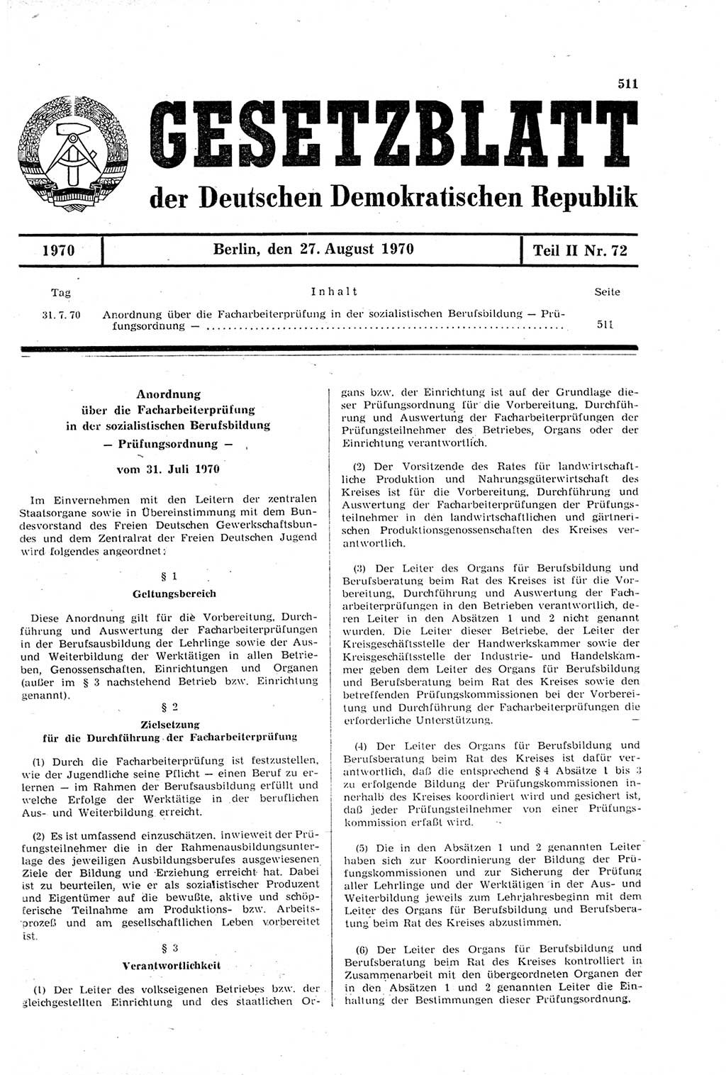 Gesetzblatt (GBl.) der Deutschen Demokratischen Republik (DDR) Teil ⅠⅠ 1970, Seite 511 (GBl. DDR ⅠⅠ 1970, S. 511)