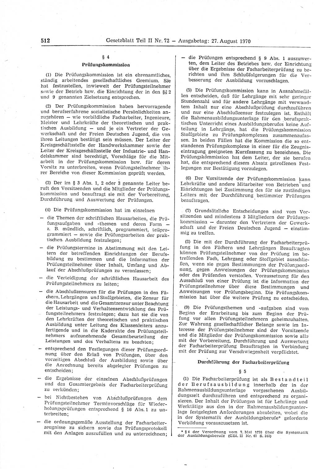 Gesetzblatt (GBl.) der Deutschen Demokratischen Republik (DDR) Teil ⅠⅠ 1970, Seite 512 (GBl. DDR ⅠⅠ 1970, S. 512)