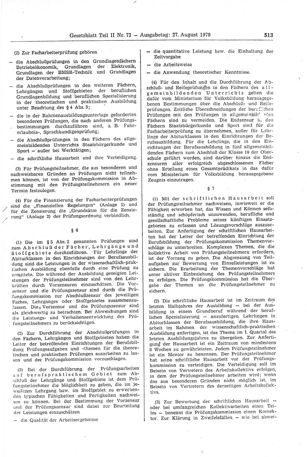 Gesetzblatt (GBl.) der Deutschen Demokratischen Republik (DDR) Teil ⅠⅠ 1970, Seite 513 (GBl. DDR ⅠⅠ 1970, S. 513)