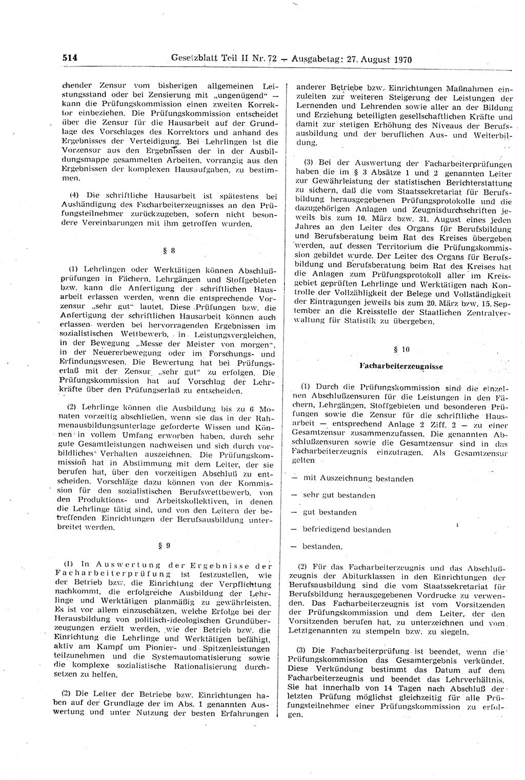 Gesetzblatt (GBl.) der Deutschen Demokratischen Republik (DDR) Teil ⅠⅠ 1970, Seite 514 (GBl. DDR ⅠⅠ 1970, S. 514)