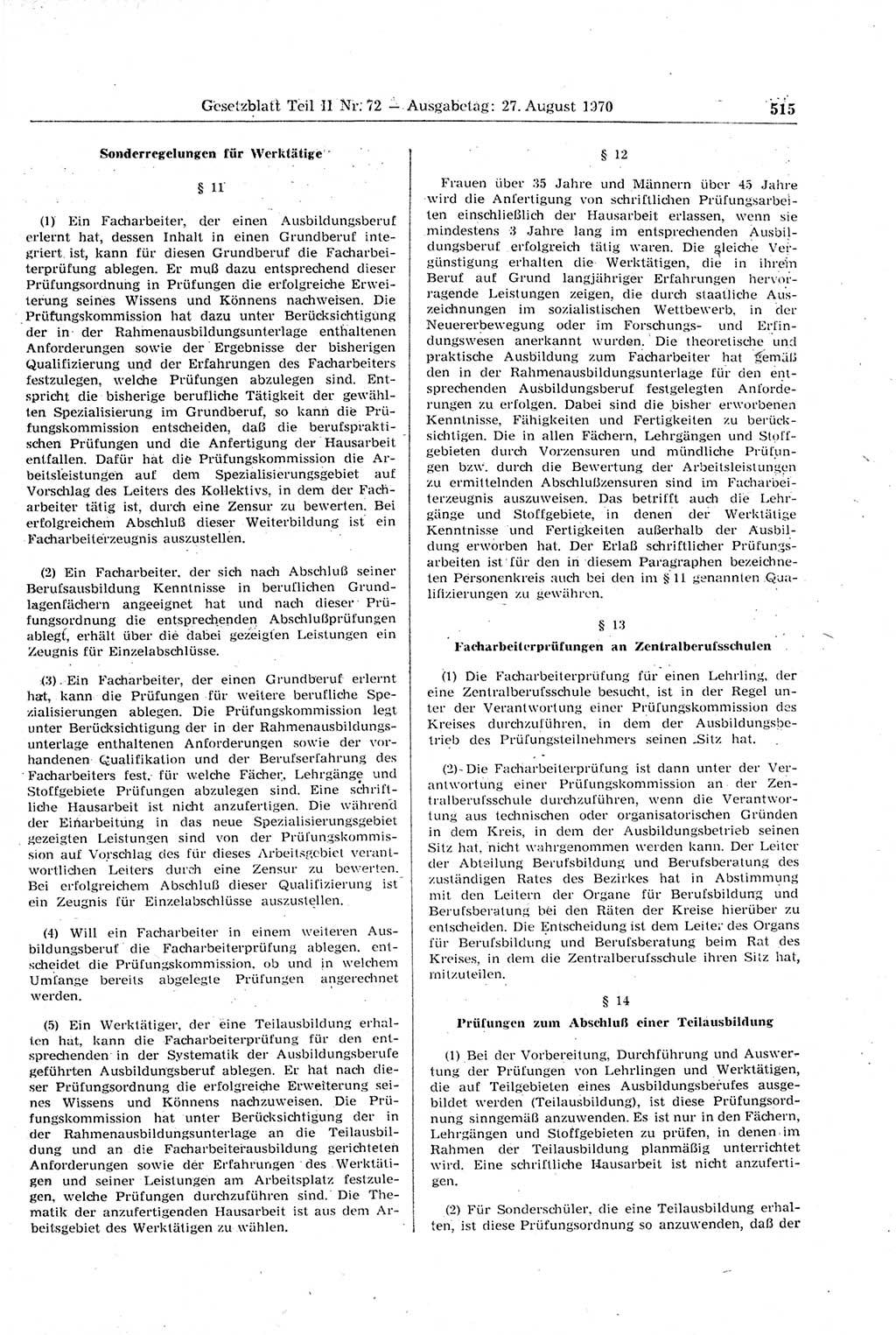 Gesetzblatt (GBl.) der Deutschen Demokratischen Republik (DDR) Teil ⅠⅠ 1970, Seite 515 (GBl. DDR ⅠⅠ 1970, S. 515)