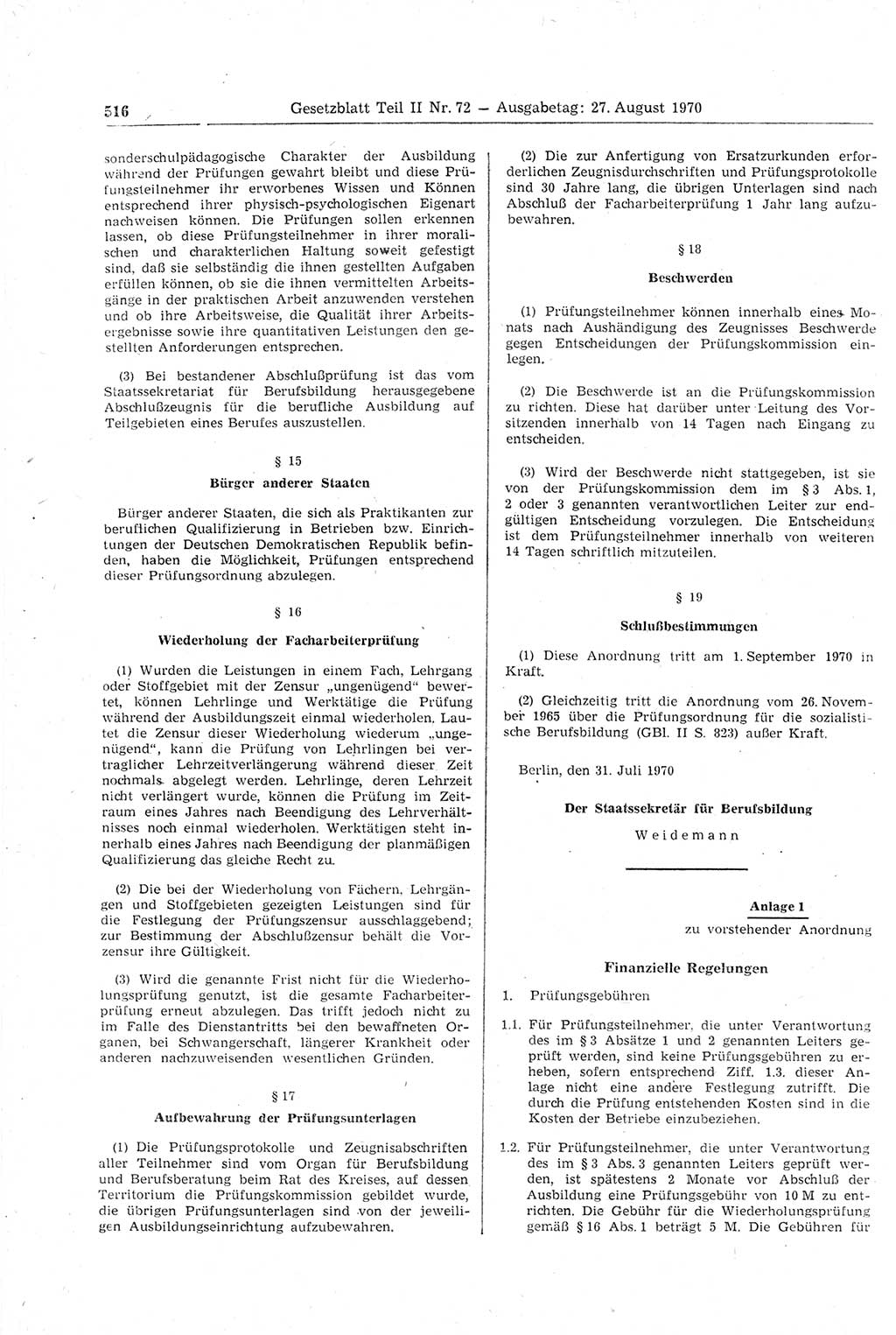 Gesetzblatt (GBl.) der Deutschen Demokratischen Republik (DDR) Teil ⅠⅠ 1970, Seite 516 (GBl. DDR ⅠⅠ 1970, S. 516)