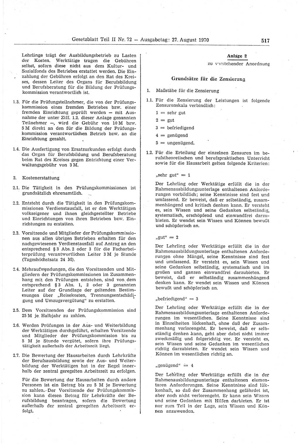 Gesetzblatt (GBl.) der Deutschen Demokratischen Republik (DDR) Teil ⅠⅠ 1970, Seite 517 (GBl. DDR ⅠⅠ 1970, S. 517)