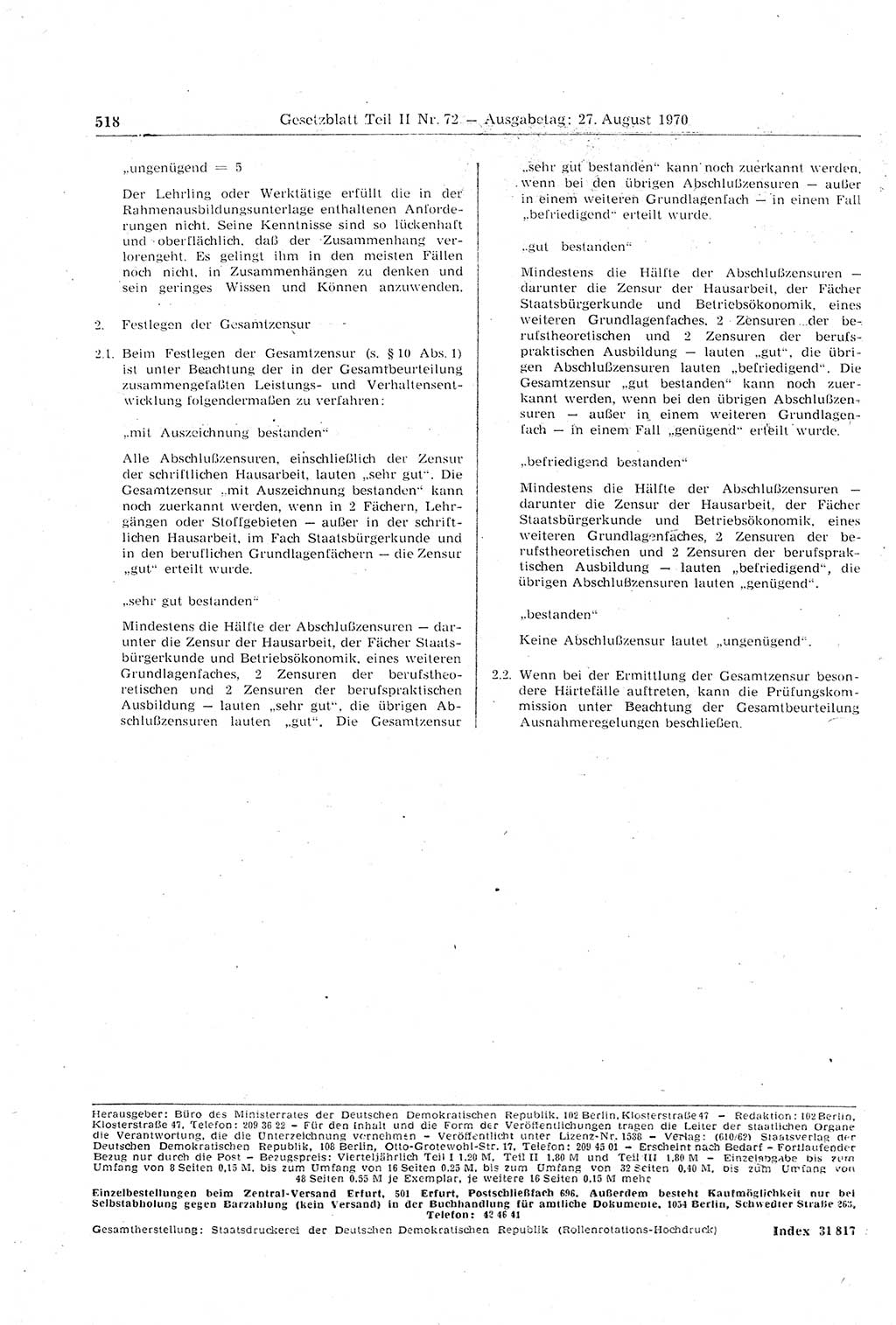 Gesetzblatt (GBl.) der Deutschen Demokratischen Republik (DDR) Teil ⅠⅠ 1970, Seite 518 (GBl. DDR ⅠⅠ 1970, S. 518)