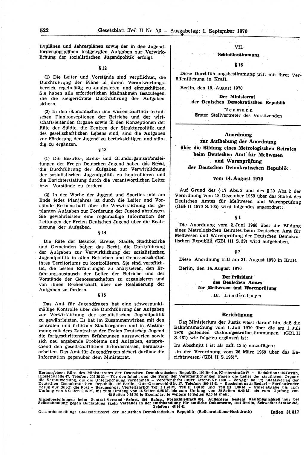 Gesetzblatt (GBl.) der Deutschen Demokratischen Republik (DDR) Teil ⅠⅠ 1970, Seite 522 (GBl. DDR ⅠⅠ 1970, S. 522)