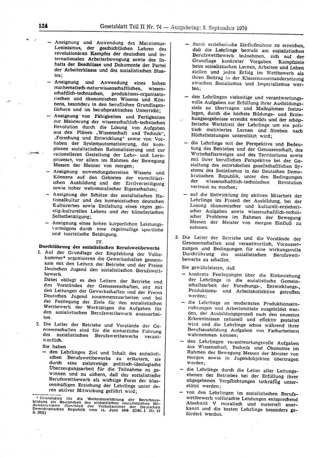 Gesetzblatt (GBl.) der Deutschen Demokratischen Republik (DDR) Teil ⅠⅠ 1970, Seite 524 (GBl. DDR ⅠⅠ 1970, S. 524)