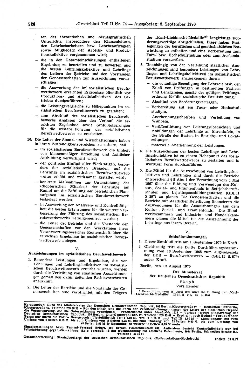 Gesetzblatt (GBl.) der Deutschen Demokratischen Republik (DDR) Teil ⅠⅠ 1970, Seite 526 (GBl. DDR ⅠⅠ 1970, S. 526)