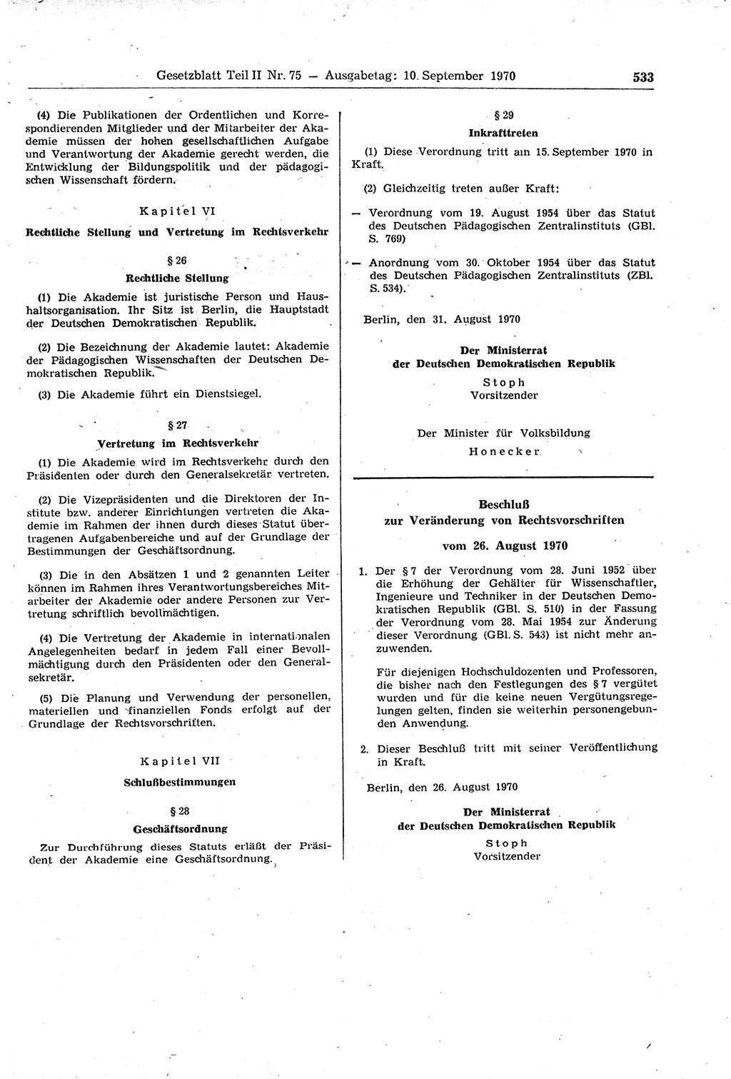 Gesetzblatt (GBl.) der Deutschen Demokratischen Republik (DDR) Teil ⅠⅠ 1970, Seite 533 (GBl. DDR ⅠⅠ 1970, S. 533)