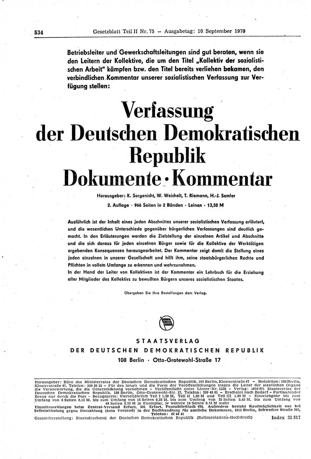 Gesetzblatt (GBl.) der Deutschen Demokratischen Republik (DDR) Teil ⅠⅠ 1970, Seite 534 (GBl. DDR ⅠⅠ 1970, S. 534)