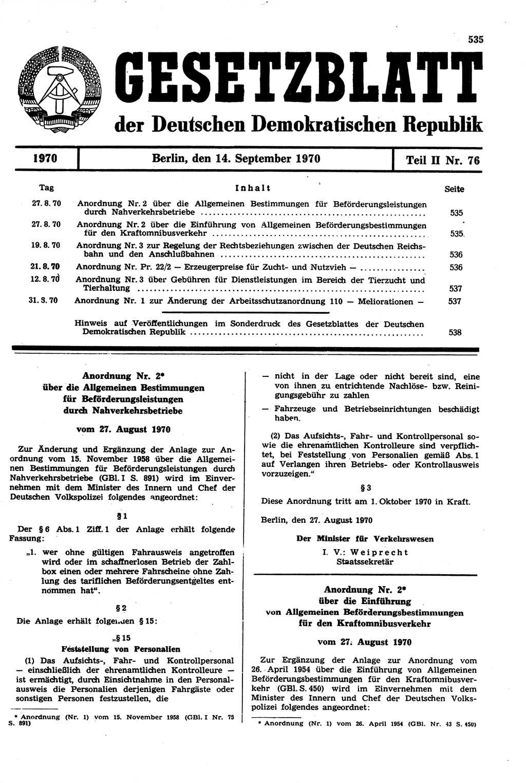 Gesetzblatt (GBl.) der Deutschen Demokratischen Republik (DDR) Teil ⅠⅠ 1970, Seite 535 (GBl. DDR ⅠⅠ 1970, S. 535)