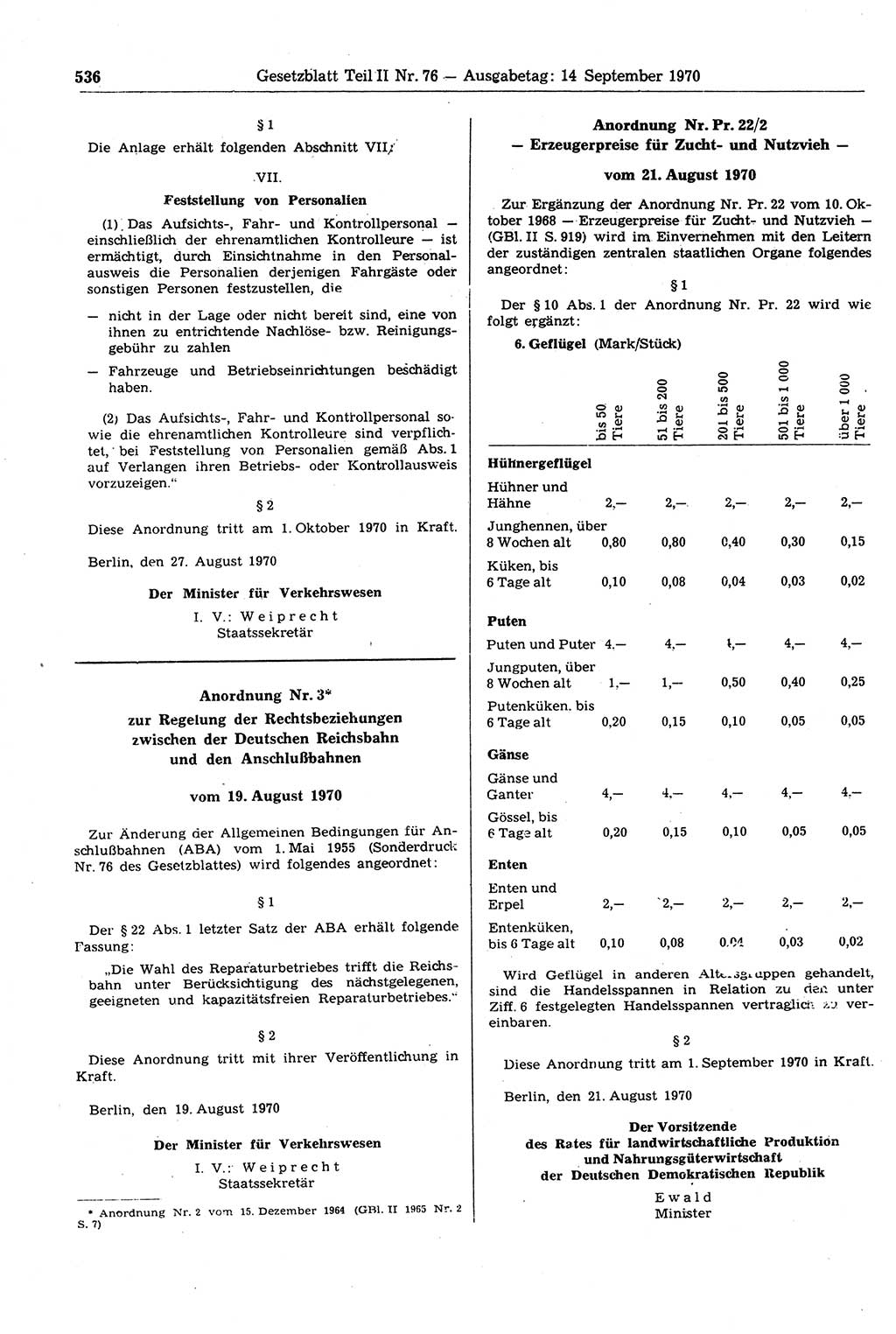 Gesetzblatt (GBl.) der Deutschen Demokratischen Republik (DDR) Teil ⅠⅠ 1970, Seite 536 (GBl. DDR ⅠⅠ 1970, S. 536)