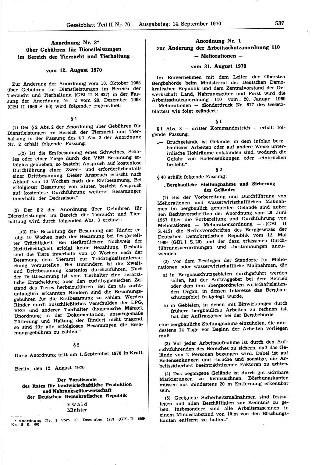 Gesetzblatt (GBl.) der Deutschen Demokratischen Republik (DDR) Teil ⅠⅠ 1970, Seite 537 (GBl. DDR ⅠⅠ 1970, S. 537)