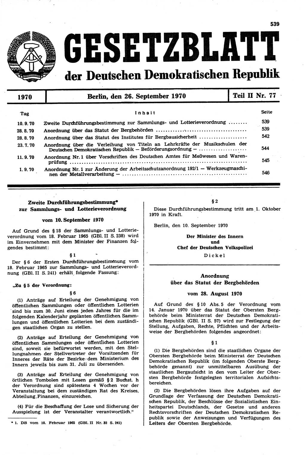 Gesetzblatt (GBl.) der Deutschen Demokratischen Republik (DDR) Teil ⅠⅠ 1970, Seite 539 (GBl. DDR ⅠⅠ 1970, S. 539)